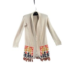 Roxy Cardigan Sweater Medium Boho Fringe Geometric Tribal Open Front Knit Cozy